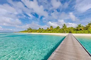 Maldives resort bridge jetty. Beautiful sunny landscape with palms and blue lagoon. Amazing summer travel destination, vacation holiday beach scenery