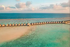 Maldives Island Prints: Maldives sunset paradise. Tropical aerial landscape
