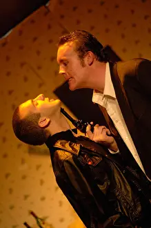 Threaten Prints: two male actors performing in Joe Orton's play The Ruffian on the Stair; Aberystwyth arts centre Ceredigion wales