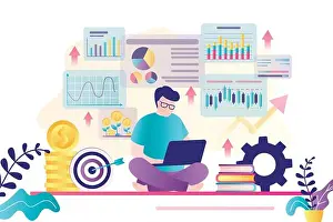 Graphs Prints: Male character is taking an online business course