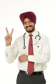 One Man Only Prints: Male doctor standing and showing V sign