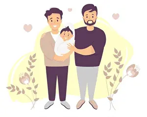 Childcare Prints: Male gay couple adopting baby. Two happy men holding new born child