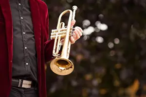 Sparkling Prints: male musician in burgundy velvet jacket holding in hands musical instrument golden shiny trumpet against background of