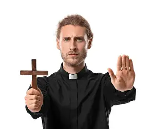 Forgiveness Prints: Male priest with cross on white background
