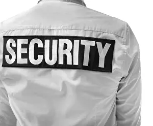 White Work Prints: Back of male security guard on white background, closeup