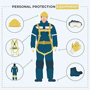 Vest Prints: Male worker wearing personal protective equipment with glasses gloves safety harness helmet clothing flat poster vector