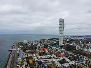 Illustrative Editorial Prints: Malmö, Sweden - 28 12 2020: Areal view of the Turning Torso