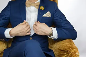 Handkerchief Prints: Man in blue suit with coffee cream bowtie color