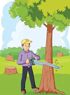 Woodwork Prints: Man Cutting tree vector illustration