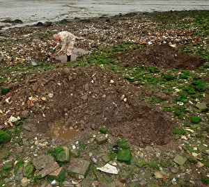 Shovel Prints: Man digging for antique bottles, in a Victorian dump. Lower Halstow, Kent, England, UK