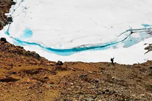 Rugged Landscape Prints: A man and dog hike down to frozen snow covered lake with vibrant blue