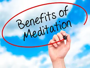 Wake Prints: Man Hand writing Benefits of Meditation with black marker on visual screen