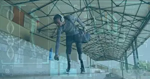 Sweat Prints: Man holding water bottle and wearing headphones, fitness data image over stadium