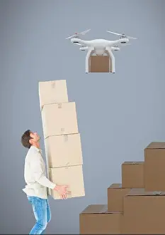 Packing Prints: Man lifting delivery parcels stacked up to drone flying