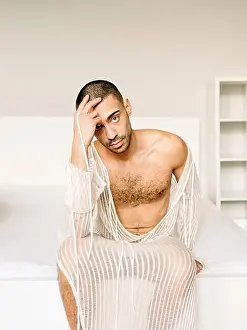 Hairdo Prints: Man, Nude, Transparent dress, Bed, Sitting, View camera