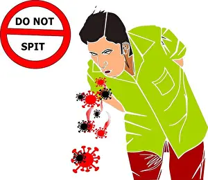 Ability Prints: A man is spitting coronavirus germs on road for Vector for education people for hygiene with do not spit warning board