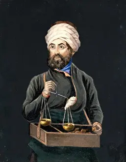 Gouache Prints: A man in Turkish dress weighing rhubarb for sale. Gouache