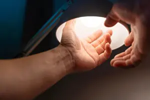 Repairing Prints: man turning into a light bulb LED at the table lamp