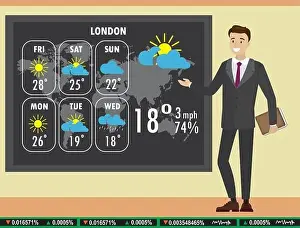 Prediction Prints: Man on TV tells a weather forecast, cartoon vector illustration