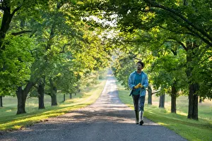 Simple Living Prints: A man walking down a tree lined path