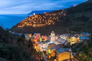 Manarola, Italy in the Cinque Terre Region during Christmas season with illumination at dusk