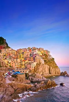 Manarola view at sunset time, Cinque Terre National Park, Liguria, Italy, UNESCO