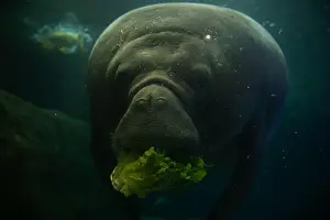 Aquatic Animal Prints: Manatee underwater eating lettuce in an aquarium