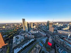 Stone Town Prints: Manchester City Centre Drone Aerial View Above Building Work Skyline Construction Blue Sky 2023 Deansgate