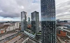 Beetham Tower Prints: Manchester City Centre Drone Aerial View Above Building Work Skyline Construction Blue Sky 2023 Deansgate