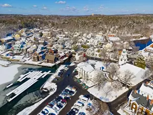 Manchester historic town center and harbor aerial view including First Congregational Church and Town Hall in winter
