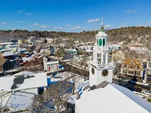 Manchester historic town center and harbor aerial view including First Congregational Church and Town Hall in winter