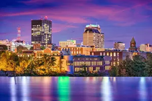 New Hampshire Prints: Manchester, New Hampshire, USA Skyline on the Merrimack River