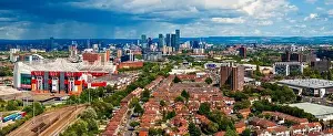 Manchester Skyline Prints: Manchester United football ground with the city skyline on the background