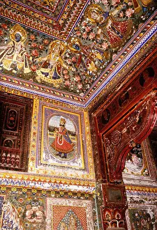 Rajasthani Prints: Mandawa haveli (mansion), interior frescoes of faded glory of the Raj