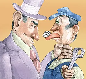 Wage Prints: maneger throws a worker who pulls out his tongue with over a watch thema exploitation on work