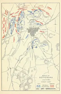 American Civil War Prints: Map of Battle of Gettysburg, First Day, July 1, 1863
