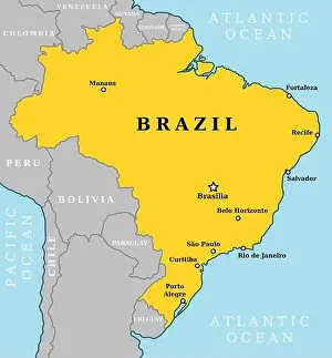 Brazil Prints: Map of Brazil. Country outline with 10 largest cities including Brasilia, capital city