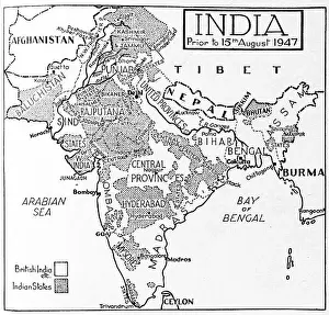 Map depicting India prior to August 15th 1947 highlighting which areas were British India and Indian States