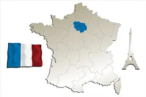 Map of France with Flag and Eiffel tower isolated on white background