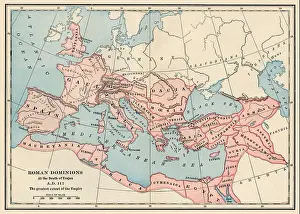 Old Fashioned Prints: Map of the greatest extent of the Roman Empire, 117 AD. Color lithograph