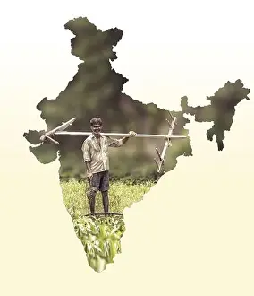 Map of India shows Indian farmer portrait holding plow on white gradient background