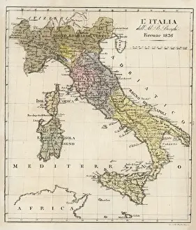 Corsica Prints: Map of Italy in 1836. Showing the kingdoms of Sardinia