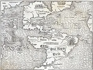 New World Prints: Map of the New World by Sebastian Munster, 1540, showing the name Atlantis Island