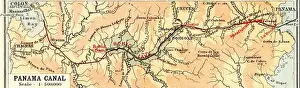 Central American Prints: Map showing the Panama Canal, a man-made waterway which connects the Atlantic Ocean with the Pacific Ocean