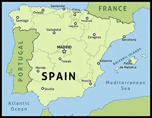 Seville Prints: Map of Spain. Outline illustration country map with main cities in autonomous communities