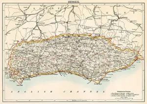Old Fashioned Prints: Map of Sussex, England, 1870s. Color lithograph