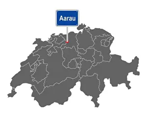 Holiday Destination Prints: Map of Switzerland with road sign of Aarau