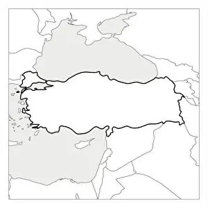 Neighbors Prints: Map of Turkey black thick outline highlighted with neighbor countries