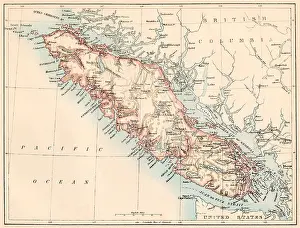Puget Sound Prints: Map of Vancouver Island, British Columbia, Canada, 1870s. Color lithograph