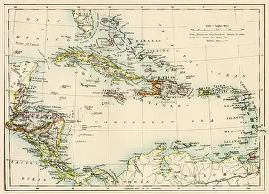 Bahamas Prints: Map of the West Indies and the Caribbean Sea, 1800s. Color lithograph